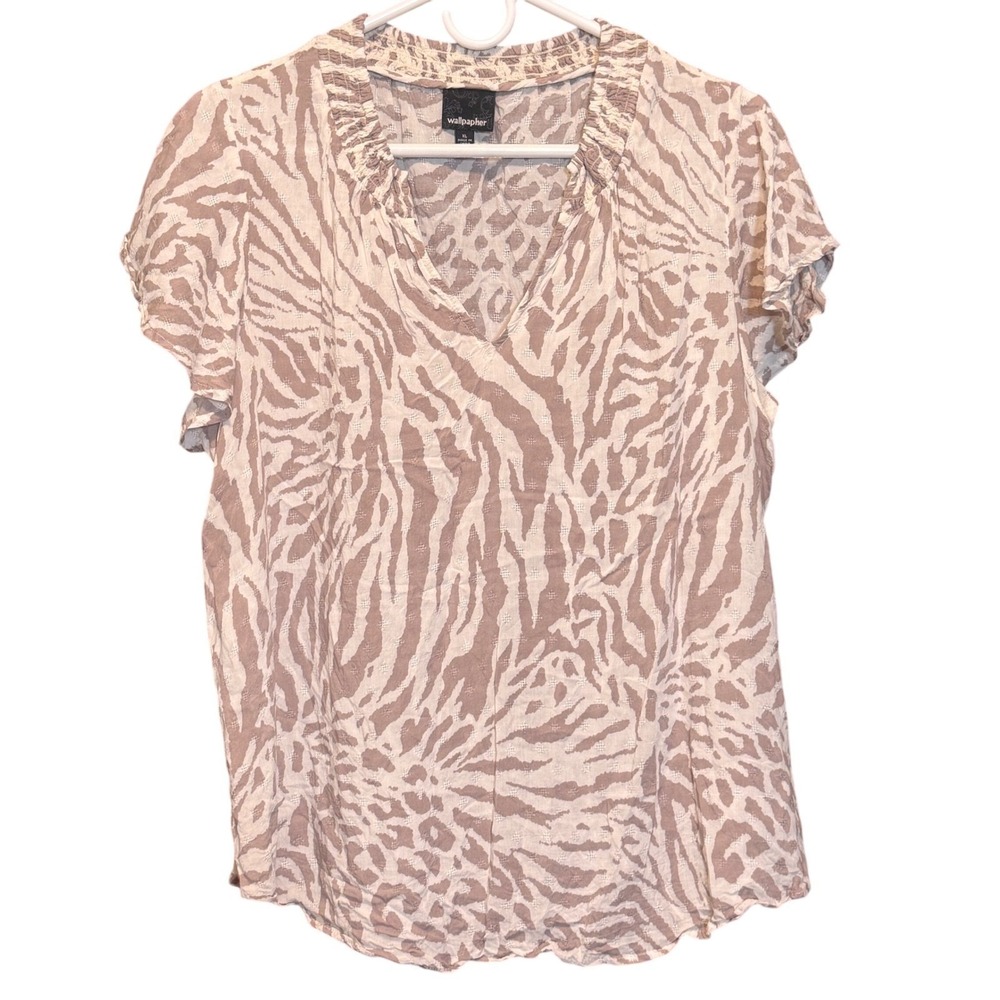 Wallpapher Womens XL Zebra Print V-Neck Smocked Cap Sleeve‎ Blouse Tan MT4W06